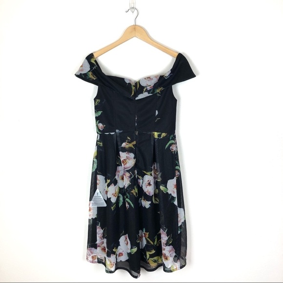 Black Floral Dress Medium Lumier by Bariano off shoulder - Picture 3 of 7